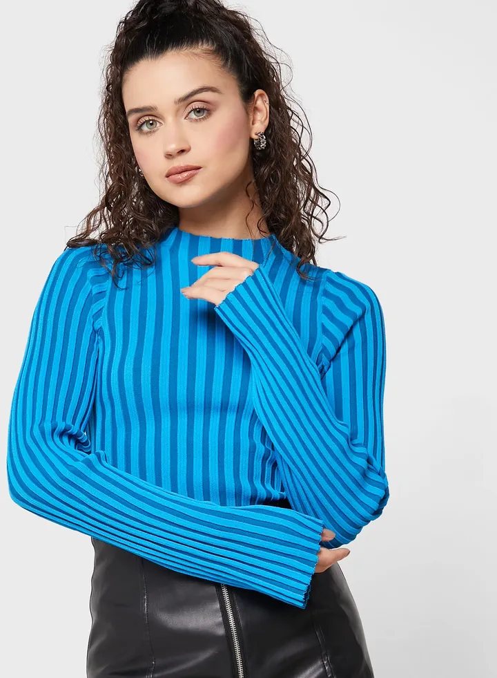 Striped Flute Sleeve Knitted Top