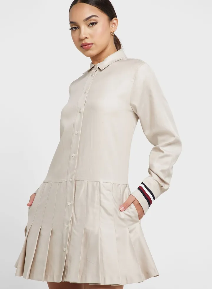 Button Detail Pleated Shirt Dress