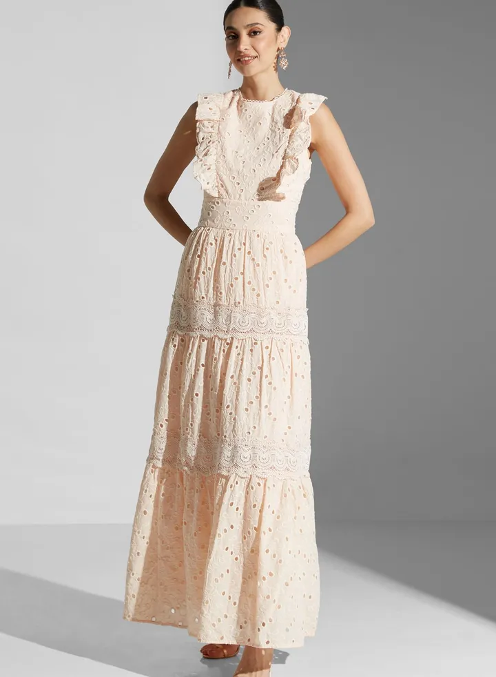 Broderie Triple Tie Back Midi Dress