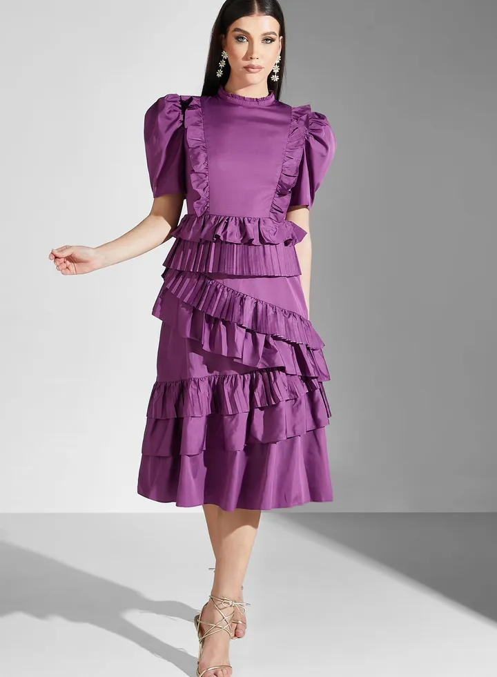 Puff Sleeve Ruffle Detail Dress