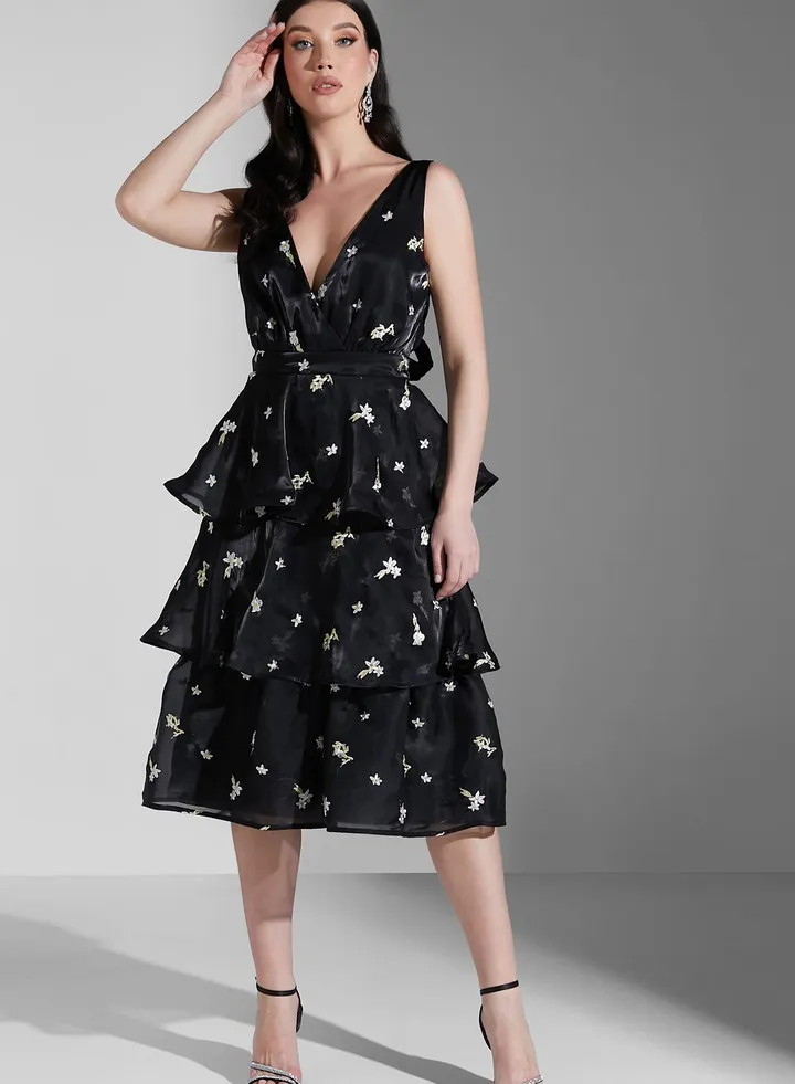 Floral Bow Back Tiered Midi Dress
