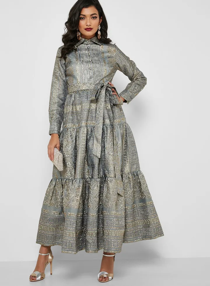 Tiered Belted Jacquard Dress