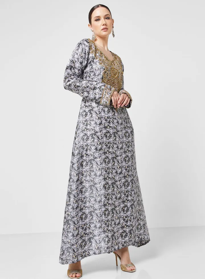 Embellished V- Neck Jalabiya