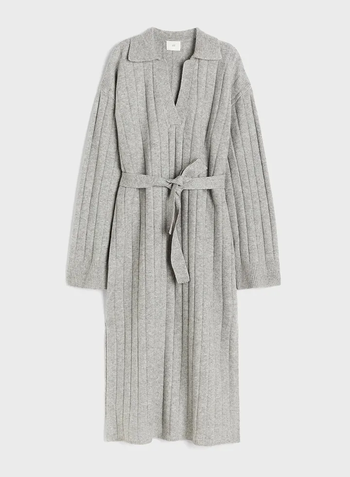 Ribbed Belted V-Neck Dress