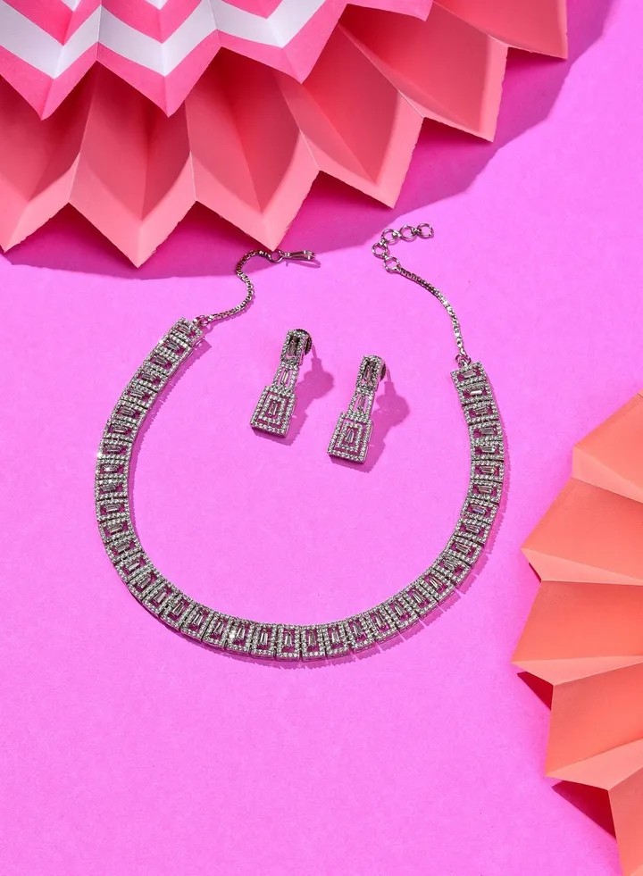 Silver Plated Designer Stone Necklace and Earring Set