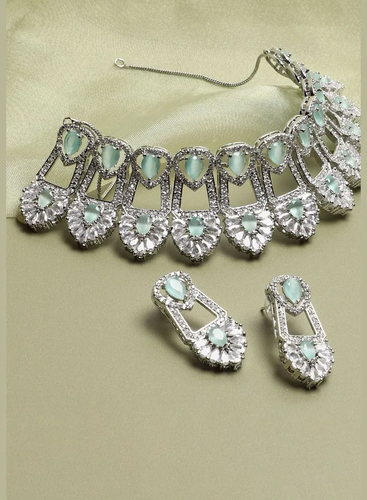 Silver Plated American Diamond and Designer Stone Party Necklace and Earring Set For Women