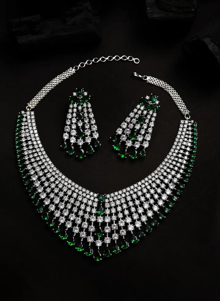 Silver Plated Designer Stone Necklace and Earring Set