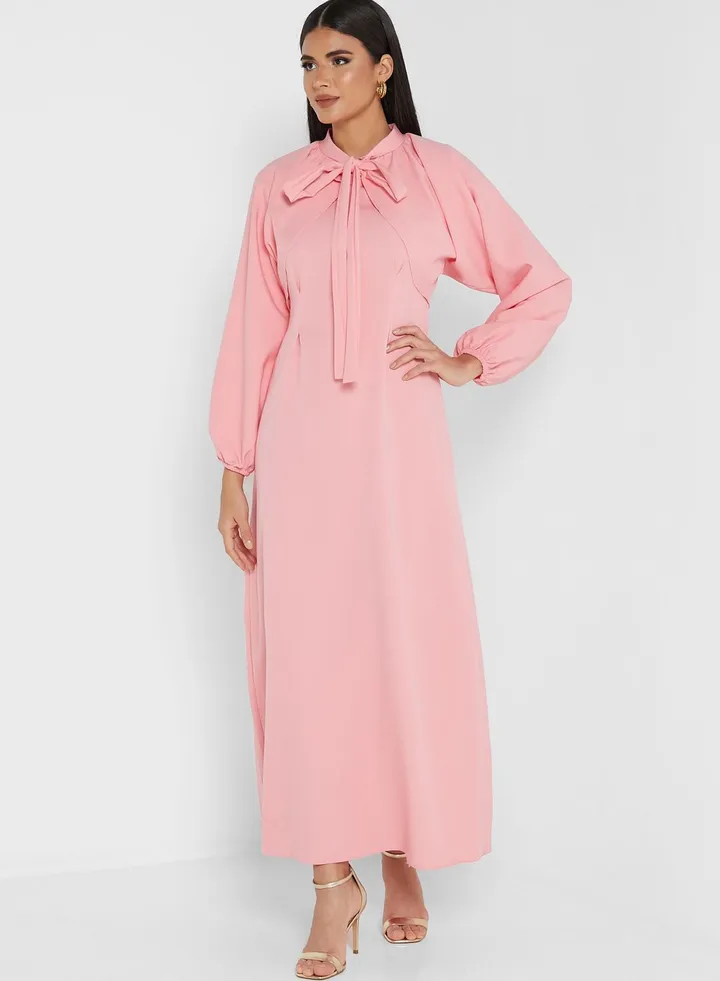 Puff Sleeve Tie Neck Dress
