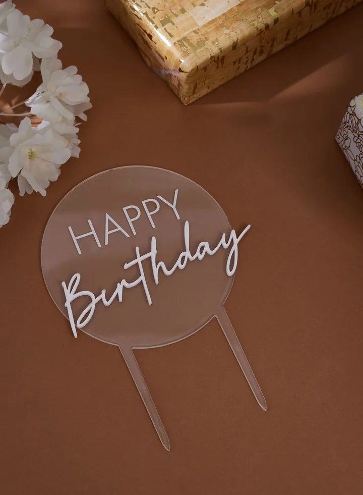 Cake Topper - Happy Birthday Double Layered Acrylic - Clear & White