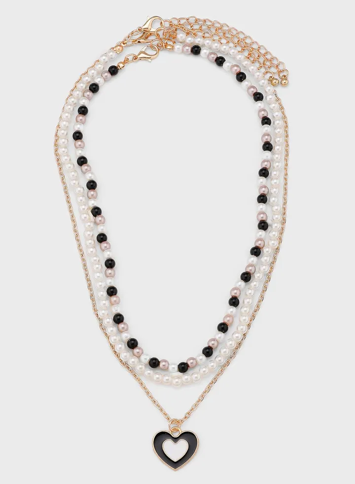 Layered Beaded Layered Heart Pendant Necklace