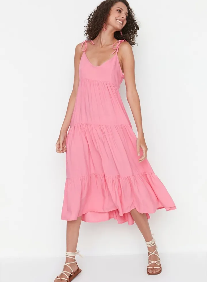 Tie Shoulder Tiered Dress