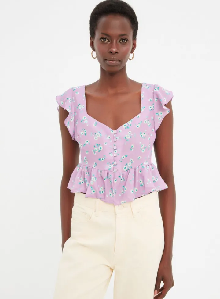 Printed Button Detail Crop Top