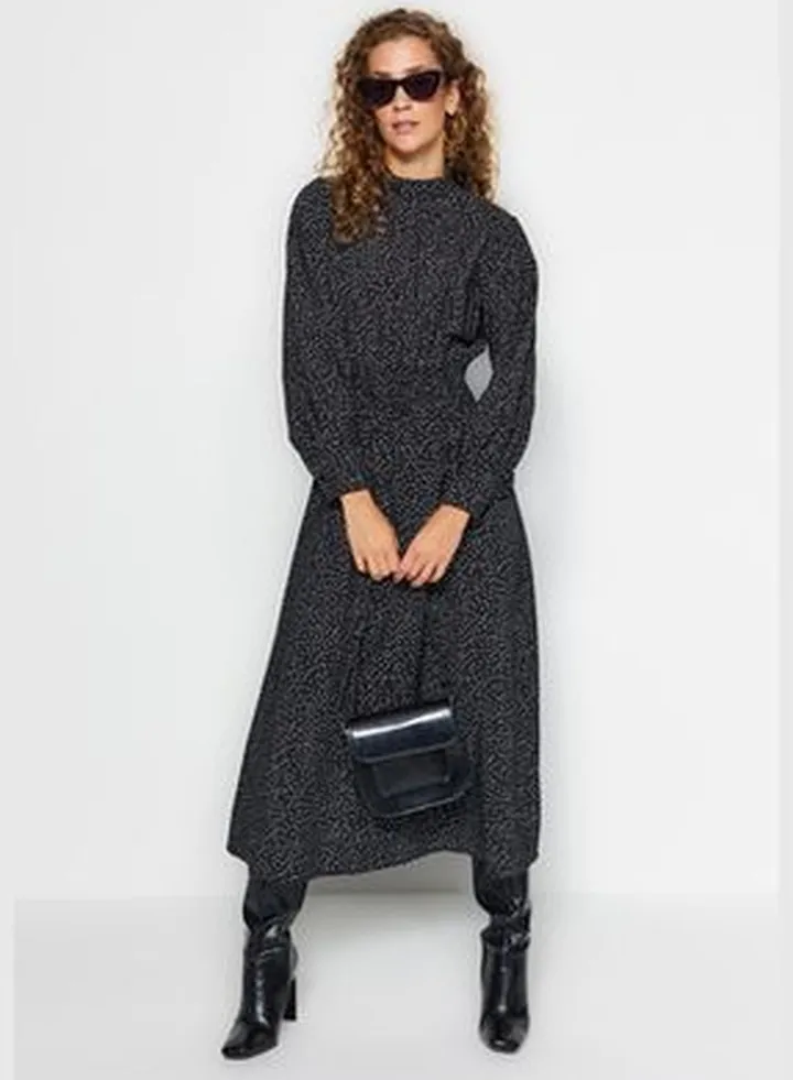 Black Polka Dot Knitted Dress with Gipe Detail on the Waist TCTAW24EB00098.