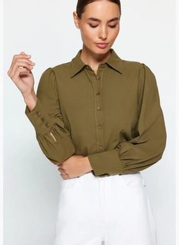 Dark Khaki Balloon Sleeve Cotton Woven Shirt TWOSS20GO0065