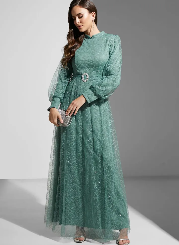 Asoo Shimmer Tulle Puff Sleeve Dress