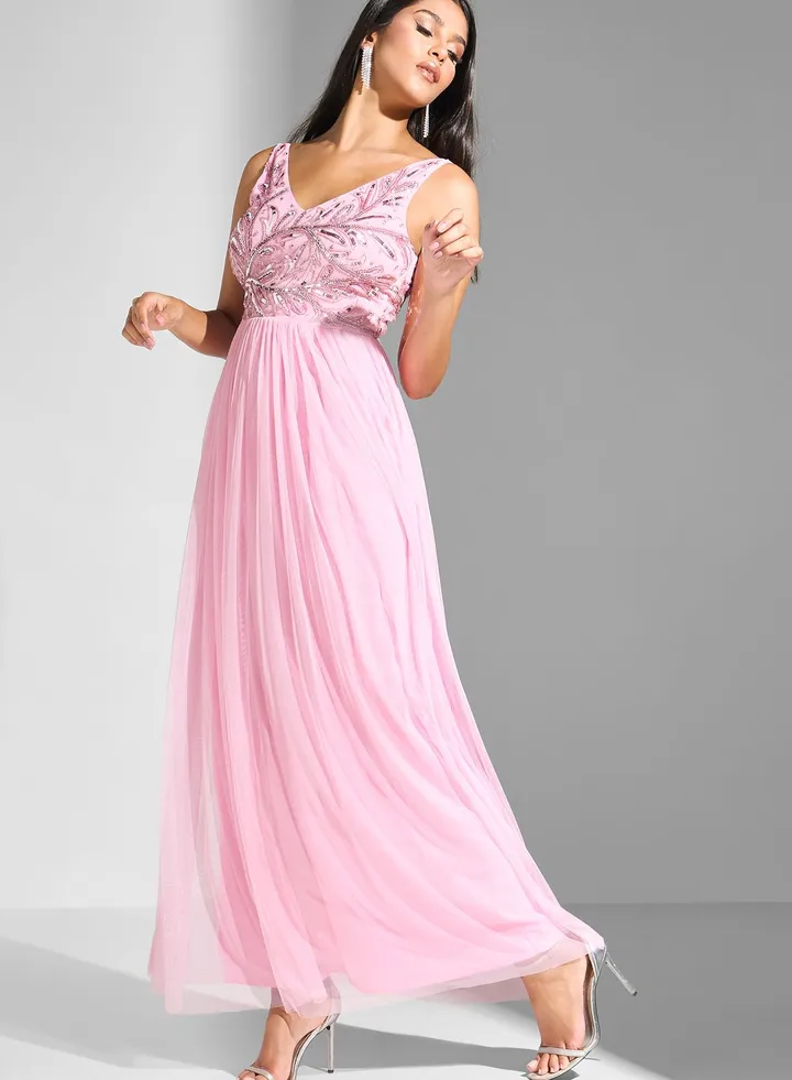 Embellished Bodice V Neck Dress