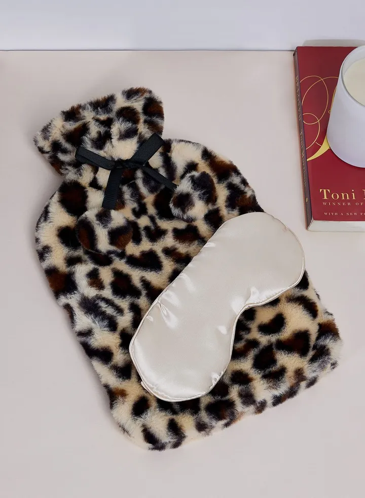 Leopard Faux Fur Hot Water Bottle & Satin Eye Mask Set