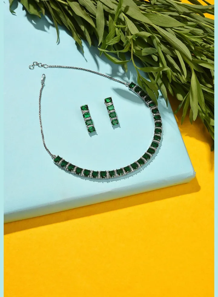 Silver Plated Designer Stone Necklace and Earring Set