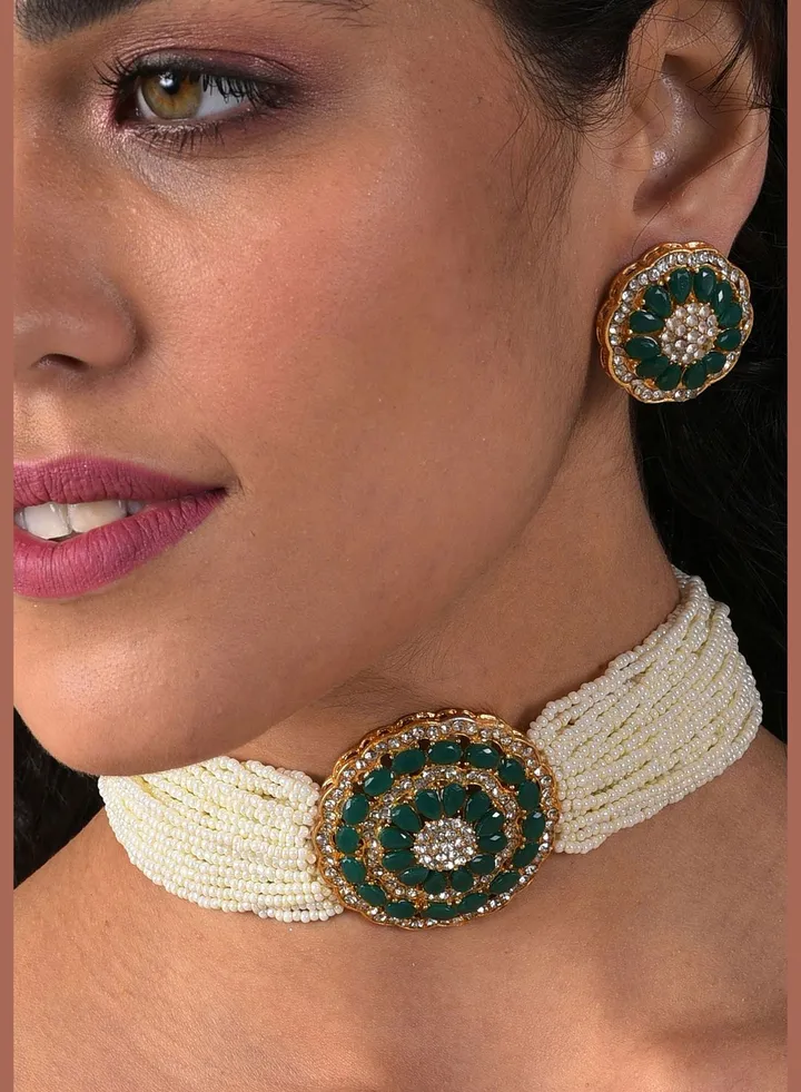 Gold Plated Designer Stone Pearl Necklace and Earrings Set