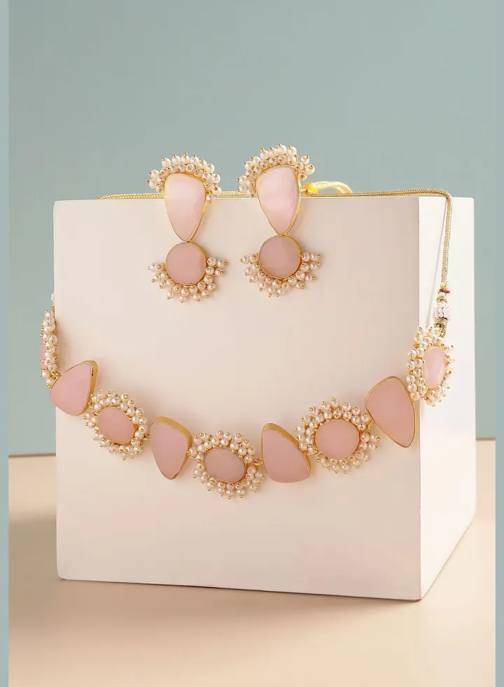 Gold Plated Designer Stone Party Necklace and Earring Set For Women