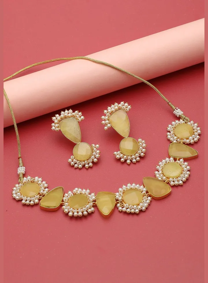 Gold Plated Designer Stone Necklace and Earring Set