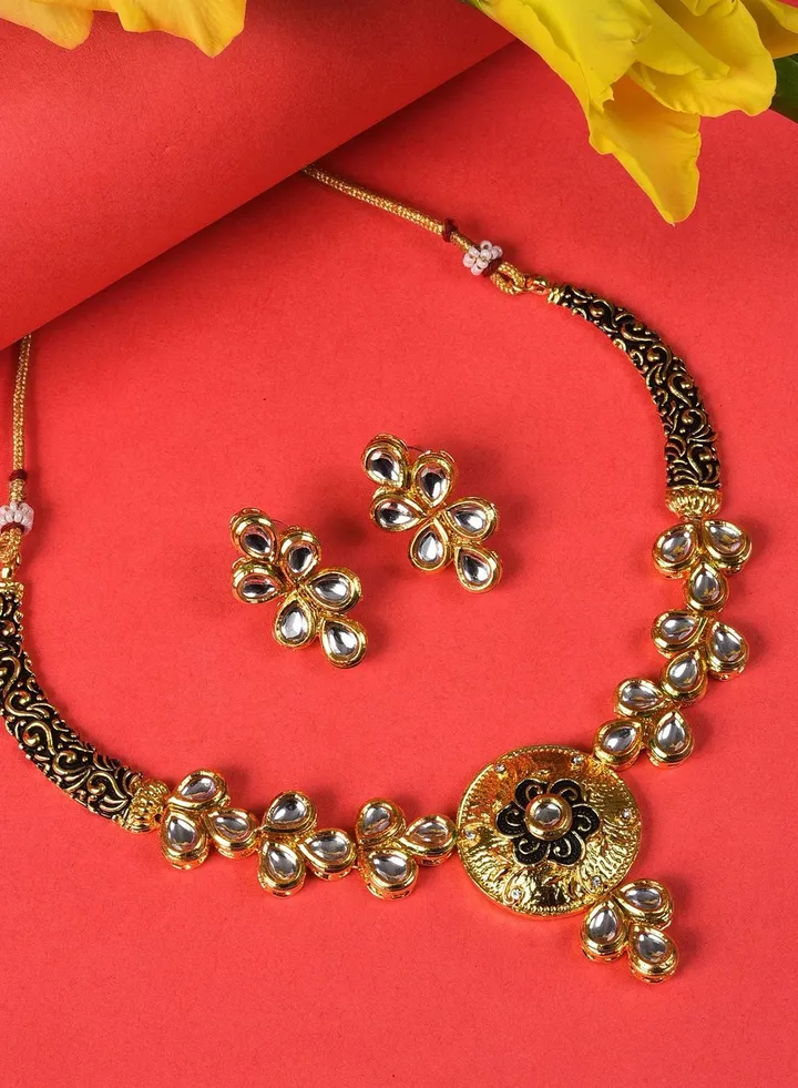 Gold Plated Designer Stone Necklace and Earrings Set