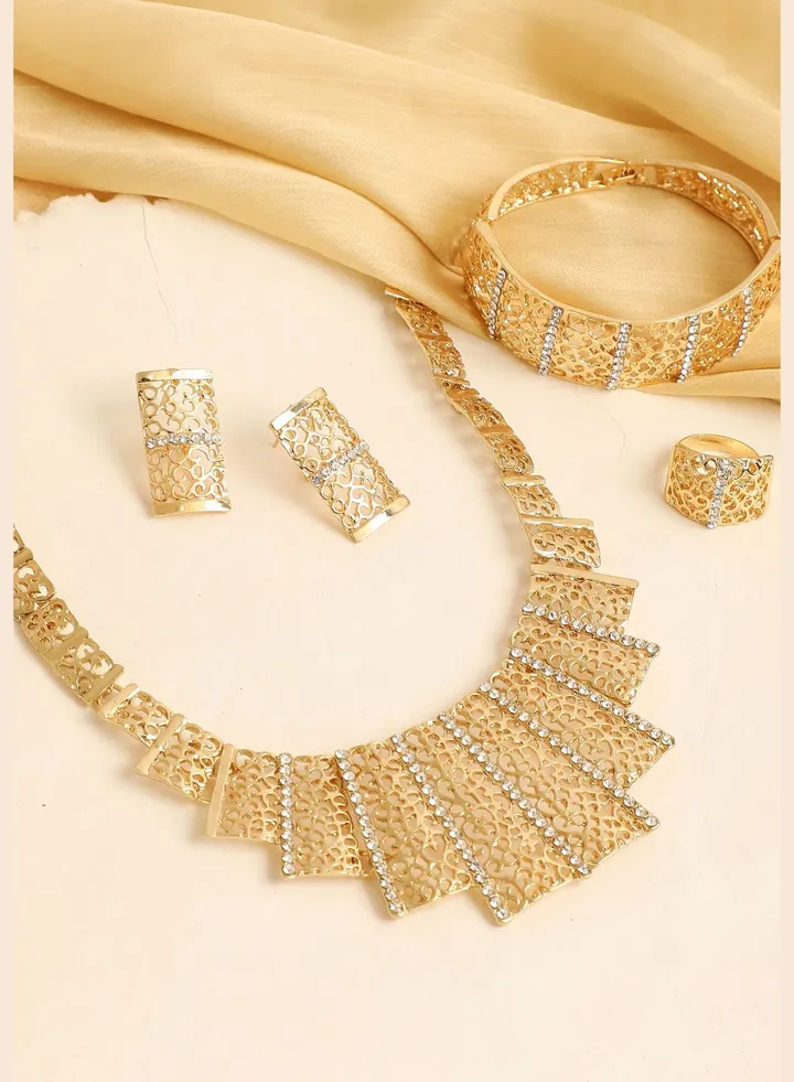 Gold Plated Designer Stone Necklace, Earring, Ring and Bracelet Set