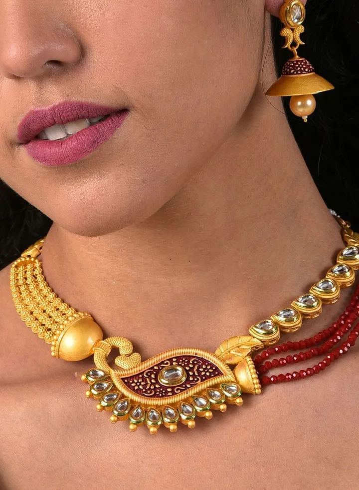 Gold Plated Designer Stone Beaded Necklace and Earrings Set