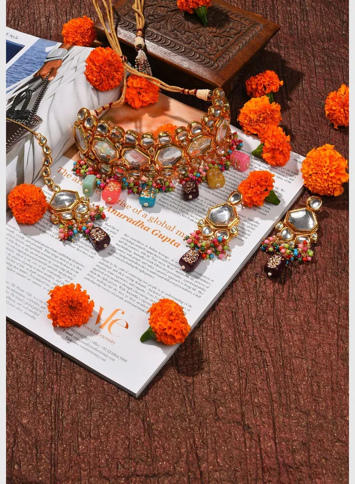 Gold Plated Kundan Beaded Necklace, Earrings and Maang Tikka Set