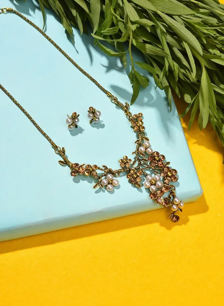 Gold Plated Designer Stone Necklace and Earring Set