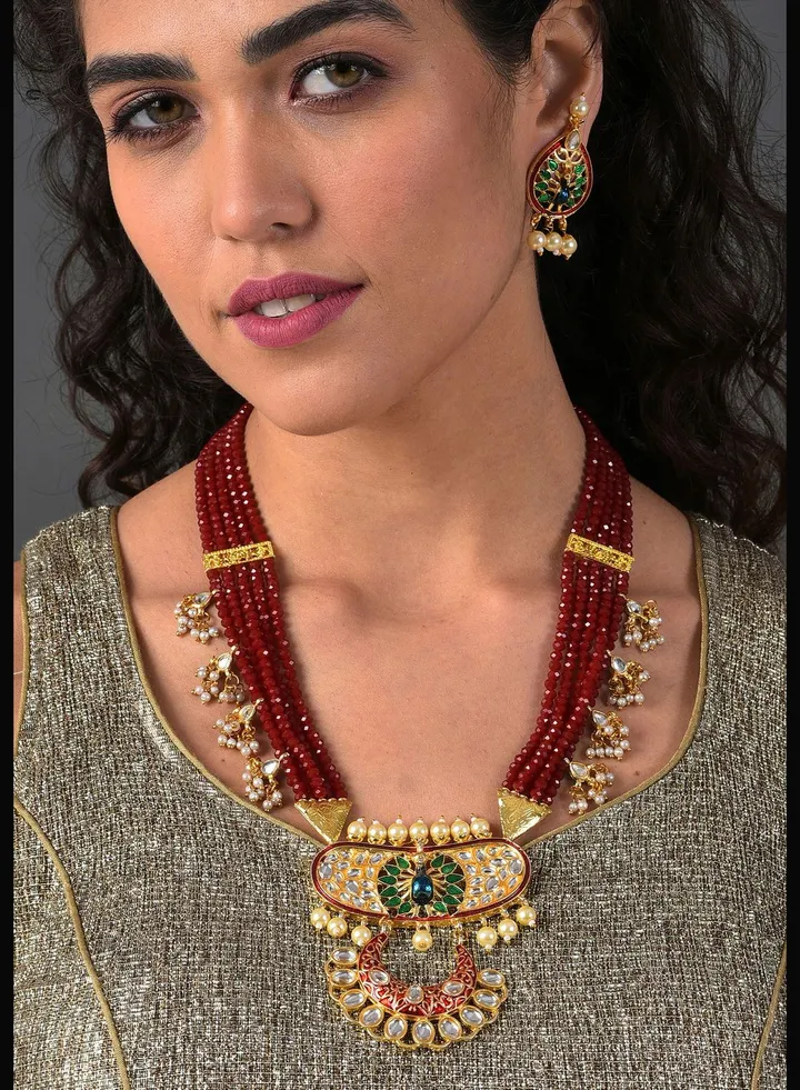 Gold Plated Designer Stone Pearl Necklace and Earrings Set