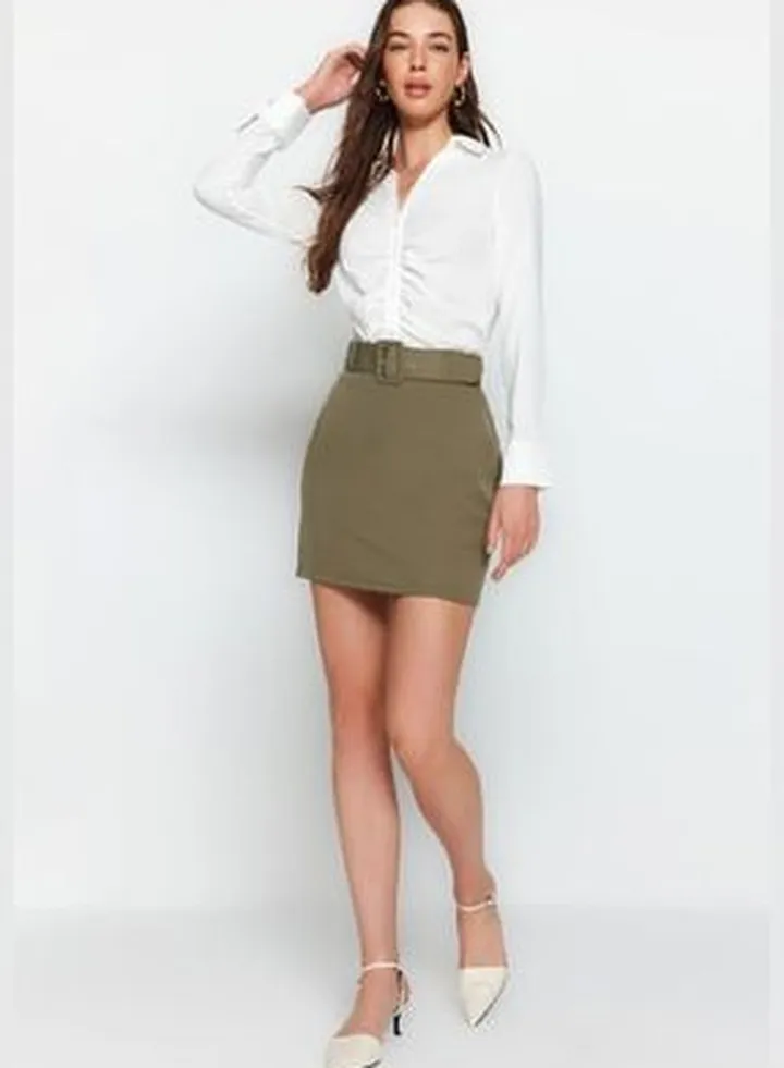 Khaki Belt Detailed Mini Woven Skirt TWOSS19ST0201