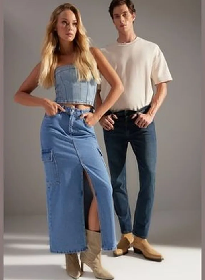 Blue Maxi Denim Skirt with Cargo Pocket TWOAW24ET00133