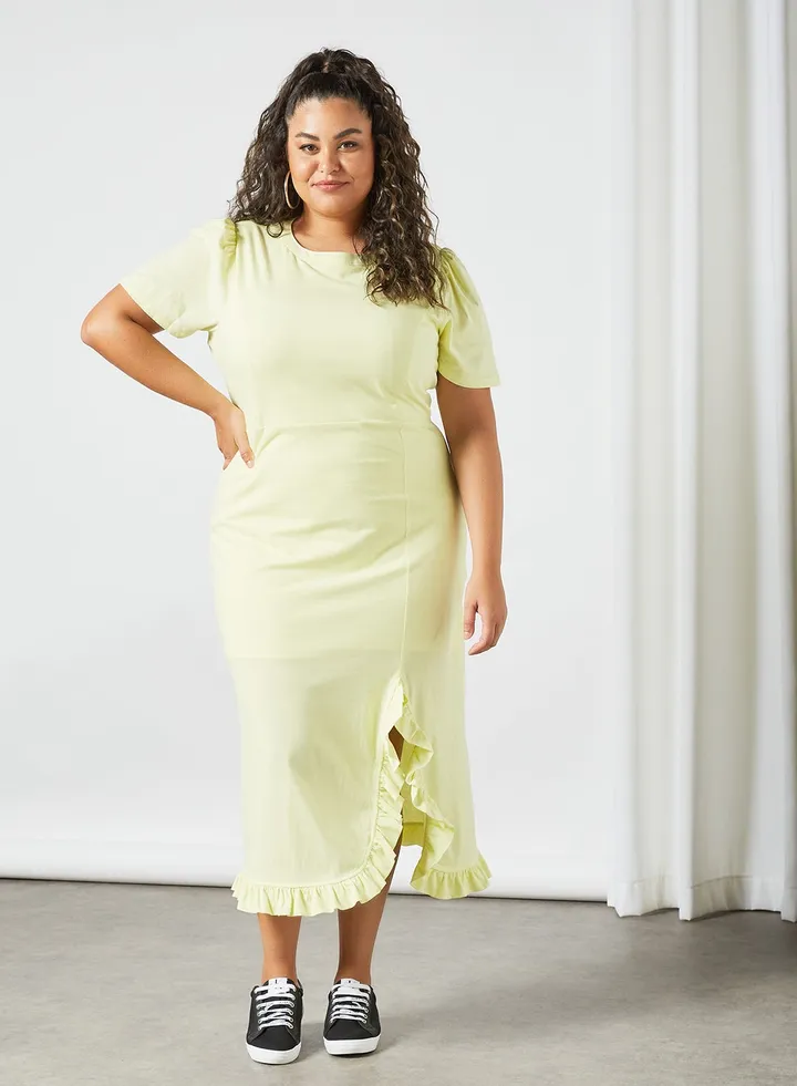 Plus Size Puff Sleeve Jersey Dress Yellow