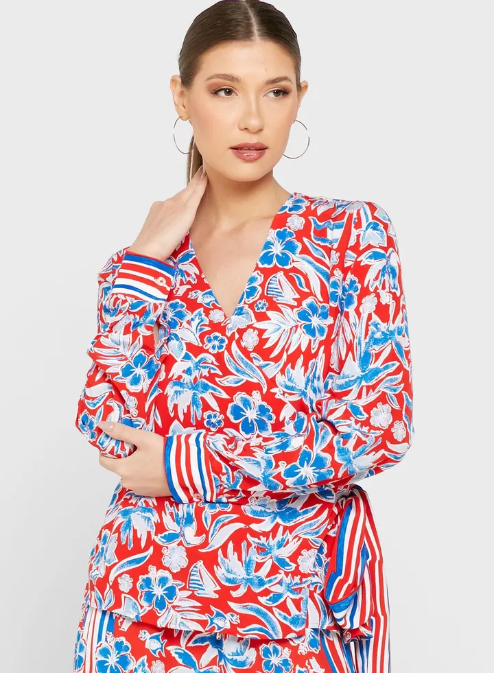 V-Neck Tie Detail Printed Top
