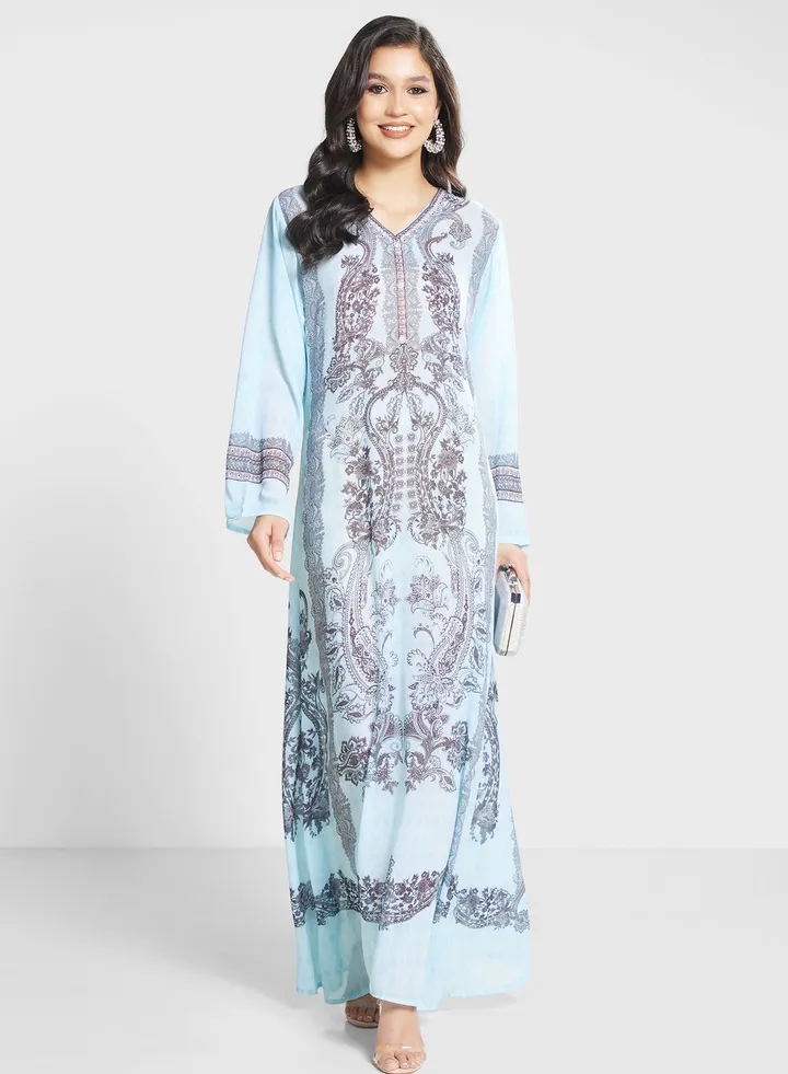 V-Neck Floral Printed Jalabiya