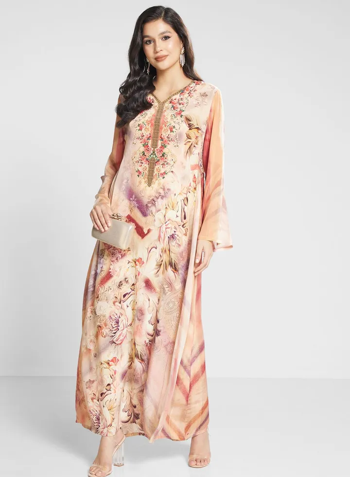 V-Neck Floral Printed Jalabiya