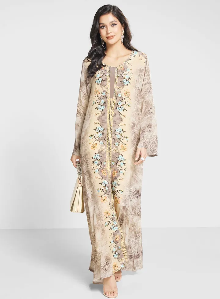 Floral Printed Lace Detail Jalabiya