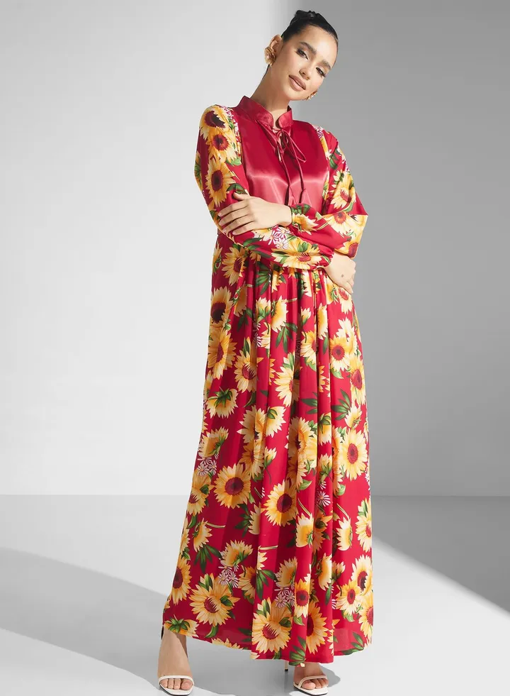 Floral Print Puff Sleeve Jalabiya