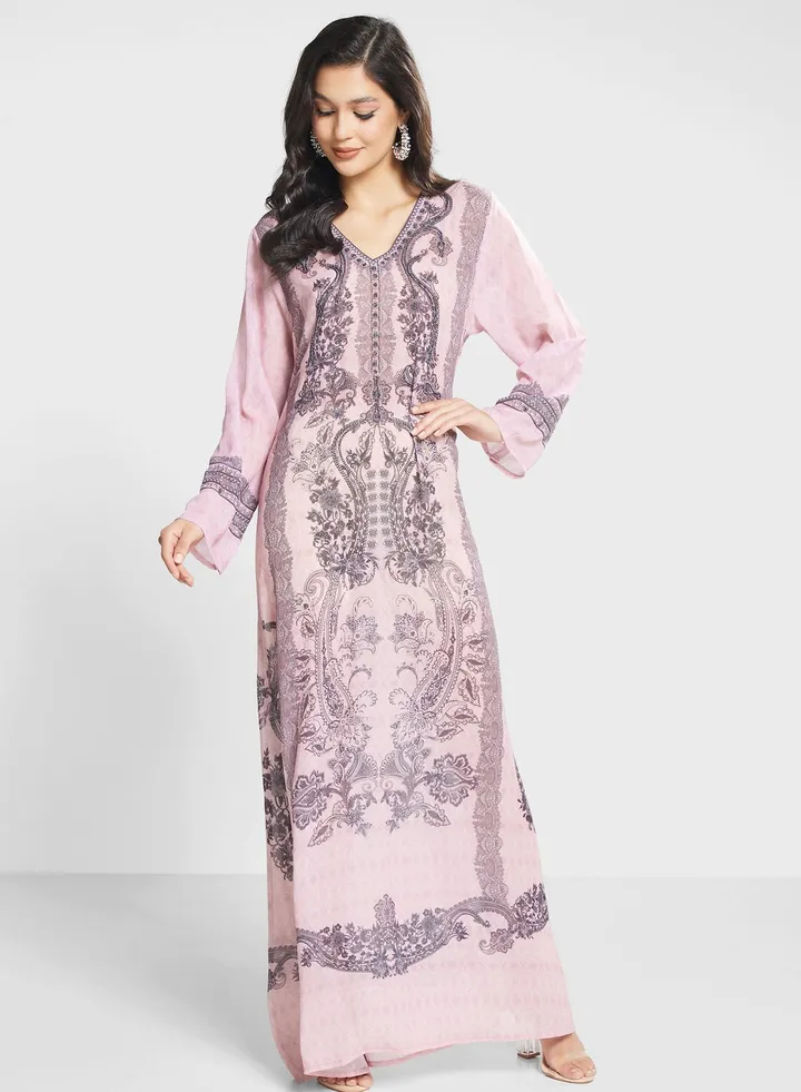 V-Neck Floral Printed Jalabiya