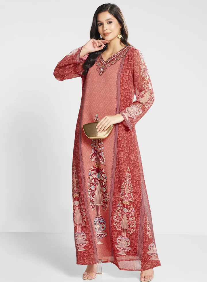 V-Neck Floral Printed Jalabiya