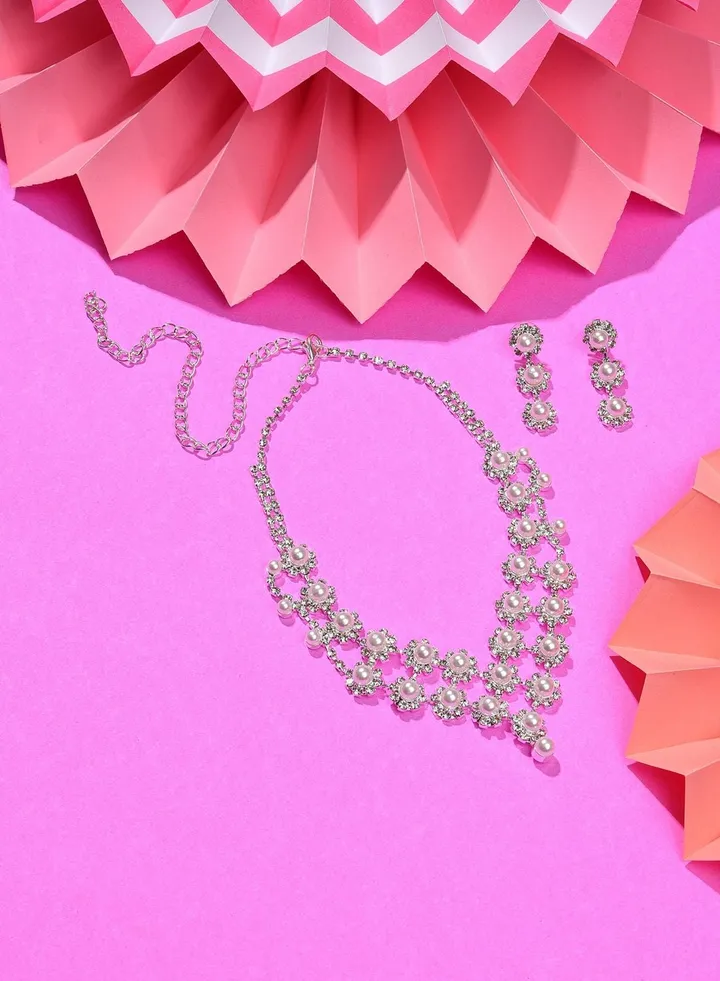 Silver Plated Designer Stone Necklace and Earring Set