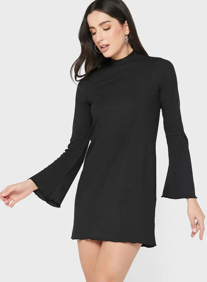 Flute Sleeve Lettuce Hem Dress