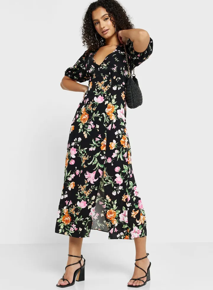 Floral Print Puff Sleeve Dress