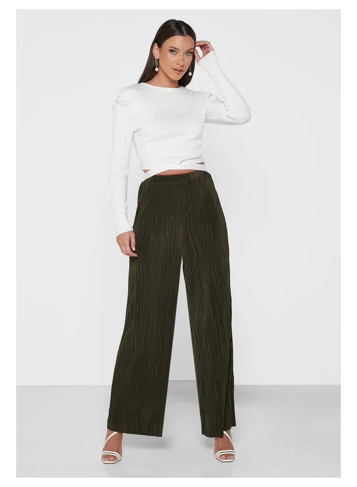 Little Mistress Plisse Khaki Trousers With Elasticated Waist.