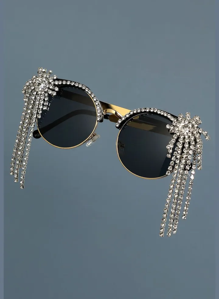 Alloy Full Rim with Gold Plated Designer Stone Round Sunglass For Women