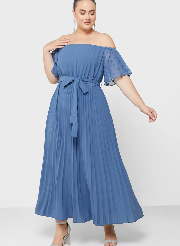 Off Shoulder Belted Pleat Detail Dress