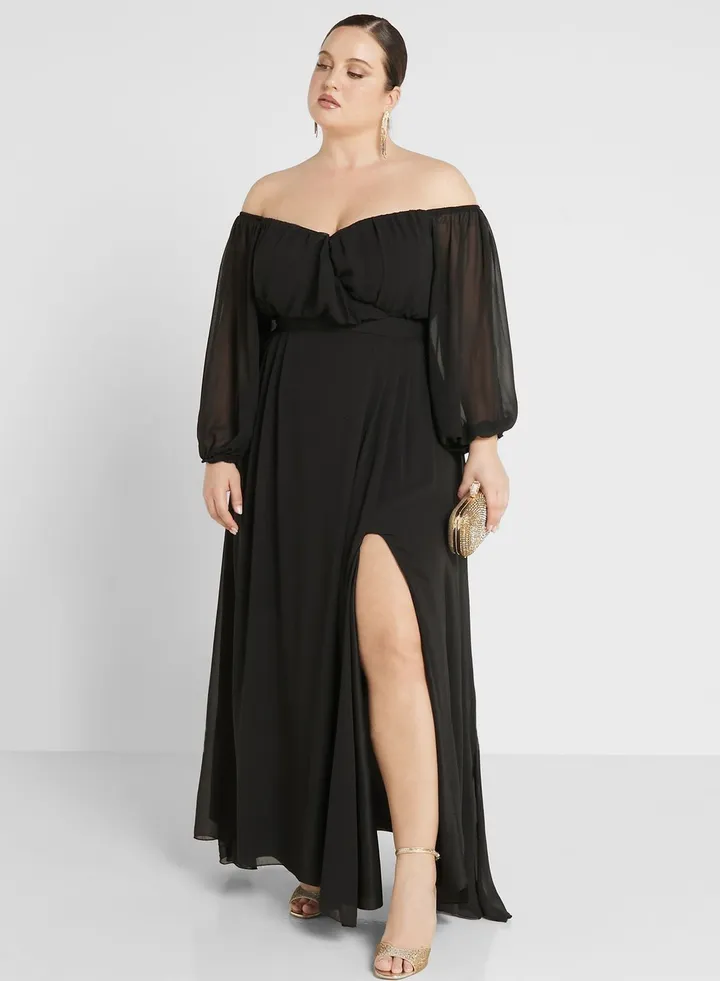 Off Shoulder Side Slit Fit & Flare Dress