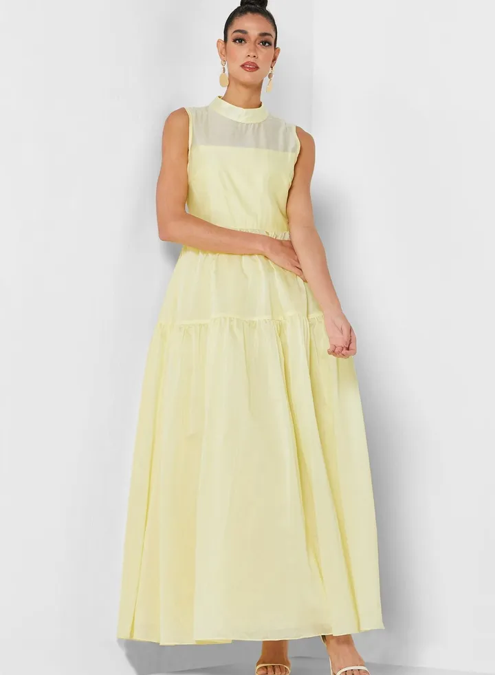 High Neck Pleat Detail Skater Dress