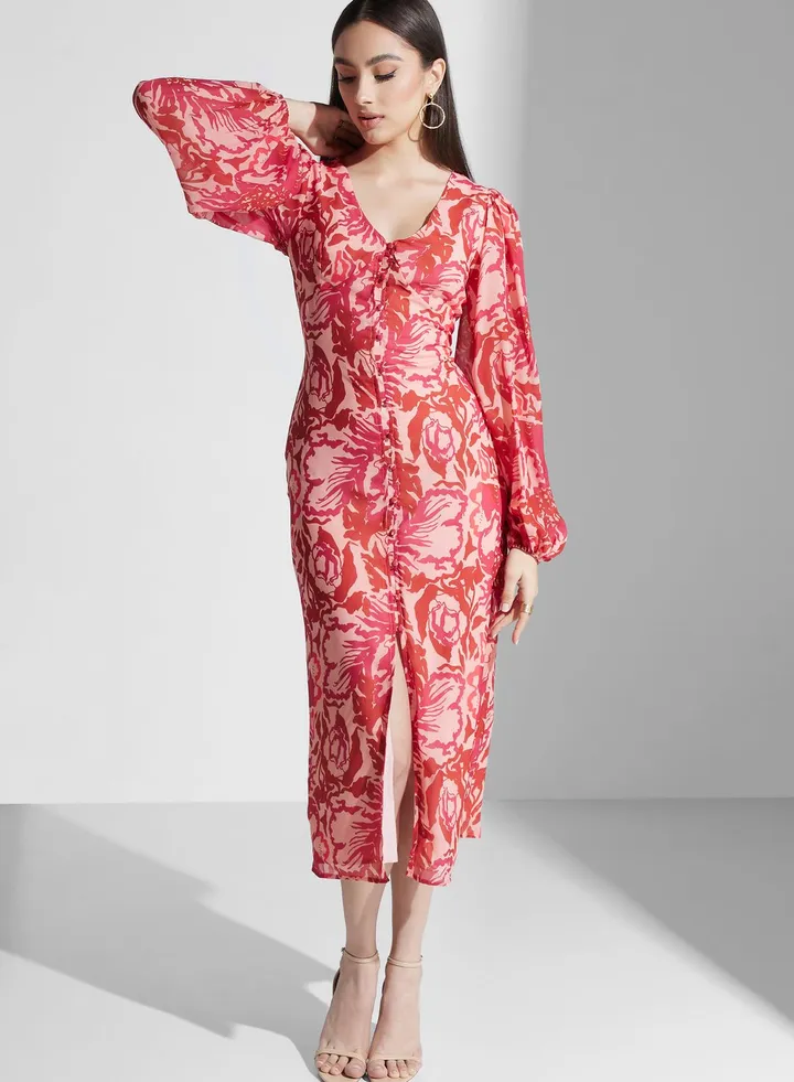 Floral Printed Balloon Sleeve Dress